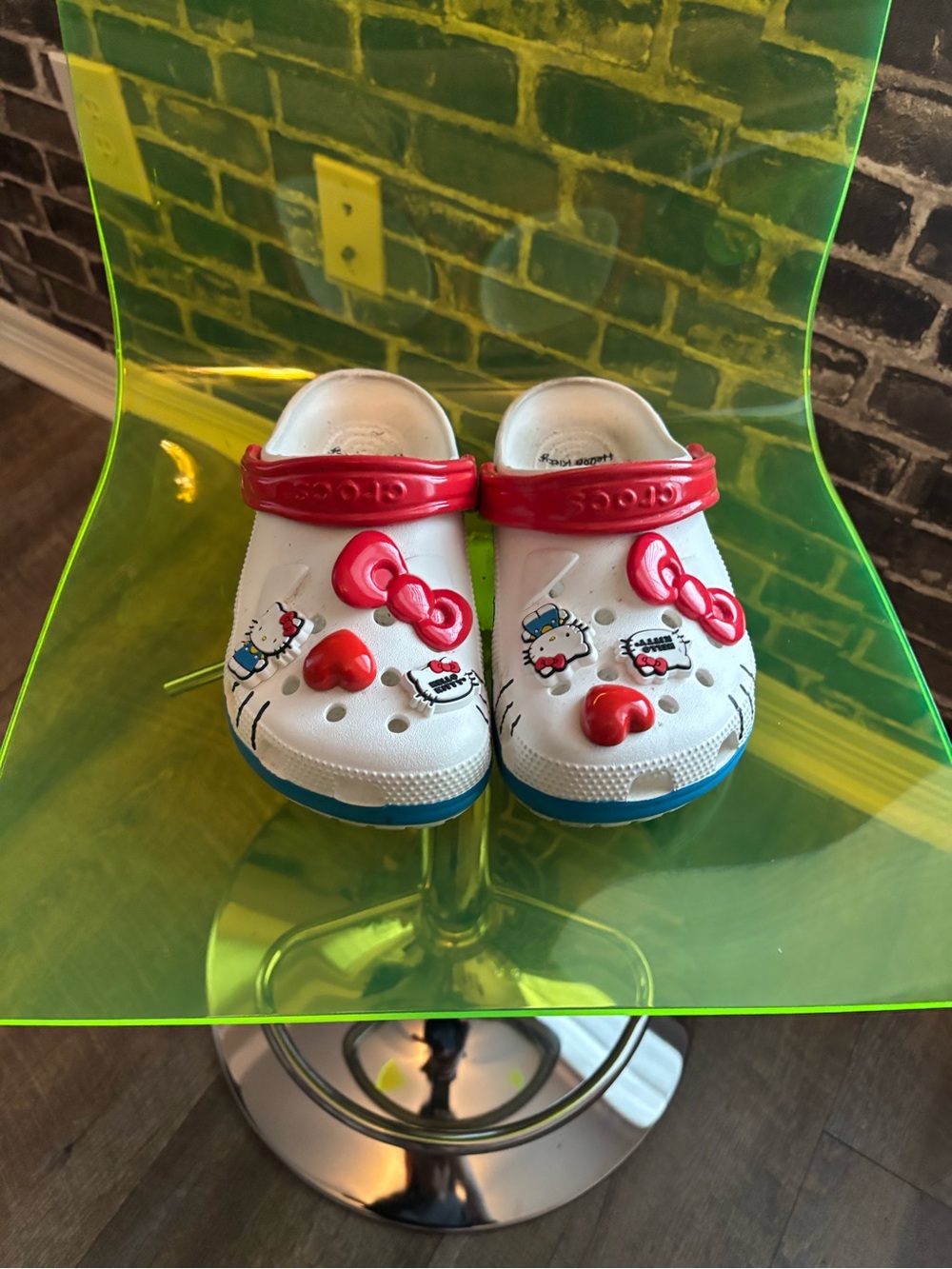 CROCS White Clogs with Red Straps, Red Bows and Blue Soles